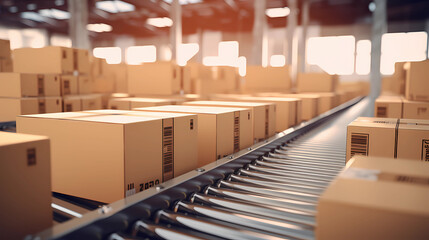 Closeup of multiple cardboard box packages seamlessly moving along a conveyor belt in a warehouse fulfillment center, a snapshot of e-commerce, delivery, automation, and products. - obrazy, fototapety, plakaty