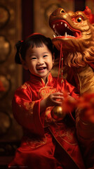 A Cute chinese little girl dressed in gorgeous Hanfu, 2 years old, with a smile on his face, surrounded by a huge golden dragon, Red and gold themes are festive. Chinese New Year