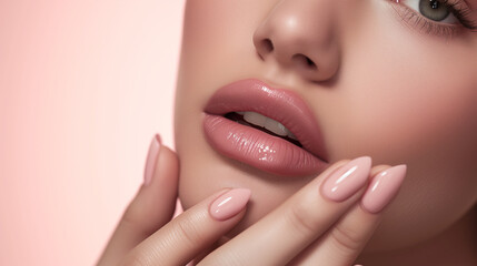 Obraz premium Elegant Woman with Perfect Manicure, Gentle Pink Aesthetics