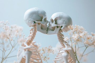 Two skeletons kissing, forever love concept. - obrazy, fototapety, plakaty