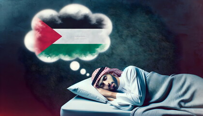 young arabian man sleeping in a bed and dreaming of a palestine flag