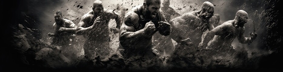 Fototapeta premium Intense nighttime marathon runners splashing through mud and water.