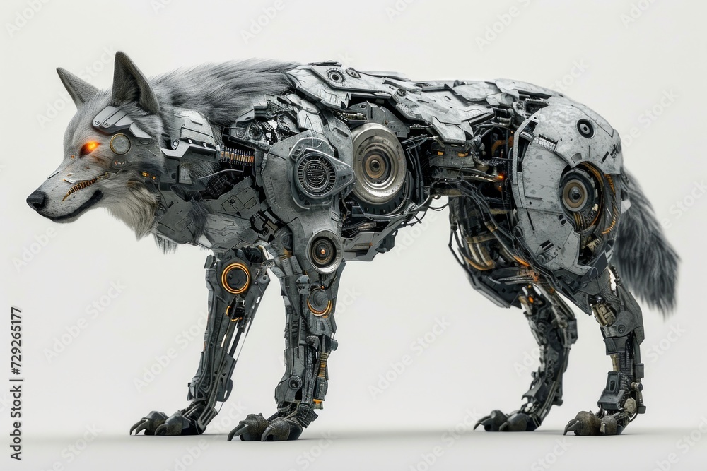 Aufkleber Realistic depiction of a cybernetically enhanced wolf with robotic parts and technological upgrades, set against a plain white backdrop Generative AI