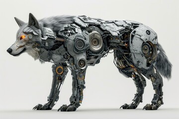 Realistic depiction of a cybernetically enhanced wolf with robotic parts and technological upgrades, set against a plain white backdrop Generative AI