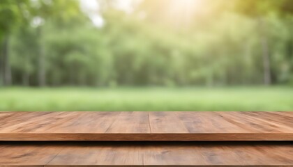 Empty space wood board table. use for food and product presentation with blurred nature green background