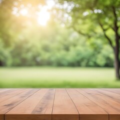 Empty space wood board table. use for food and product presentation with blurred nature green background