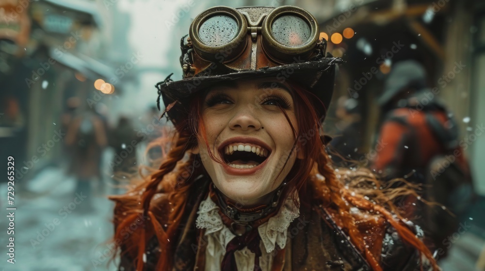 Aufkleber Realistic depiction of a post-apocalypse person in steampunk attire, exuding joy and optimism despite the harsh environment Generative AI
