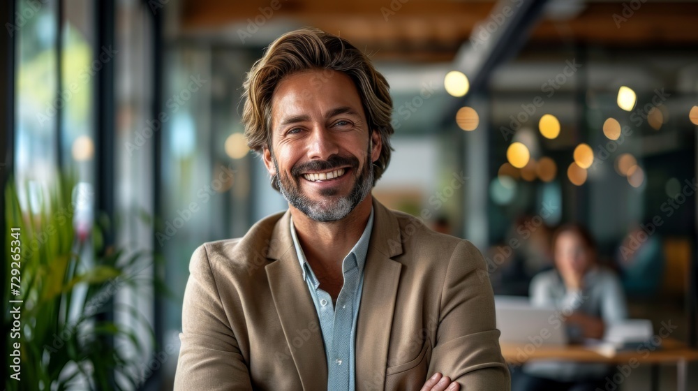 Poster Realistic depiction of a man in an office, smiling pleasantly while giving a presentation or sharing insights with coworkers Generative AI