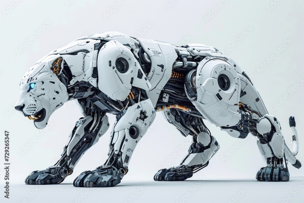 Poster Realistic depiction of a robotically augmented jaguar with mechanical enhancements and cybernetic upgrades, showcased against a clean white background Generative AI