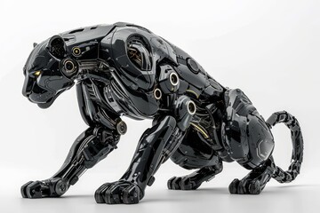 Realistic depiction of a robotically augmented panther with mechanical enhancements, cybernetic limbs against a clean white background Generative AI