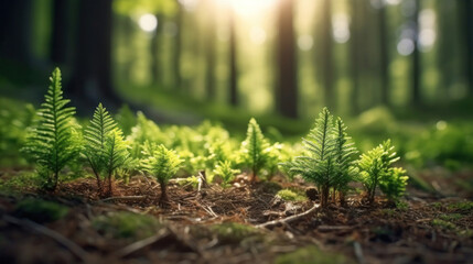 young tiny fir trees in the foreground, mature forest in spring in the background, sun shining through in the morning. - obrazy, fototapety, plakaty