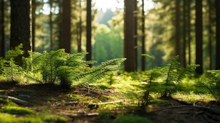 young tiny fir trees in the foreground, mature forest in spring in the background, sun shining through in the morning.