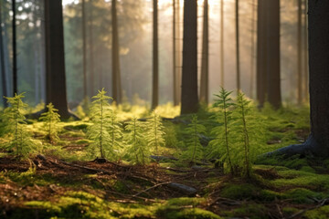 Obraz premium young tiny fir trees in the foreground, mature forest in spring in the background, sun shining through in the morning.
