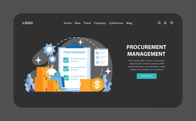 Fototapeta premium Procurement Management night or dark mode web or landing page. Detailed view of strategic sourcing and cost management in the procurement process. Flat vector illustration.