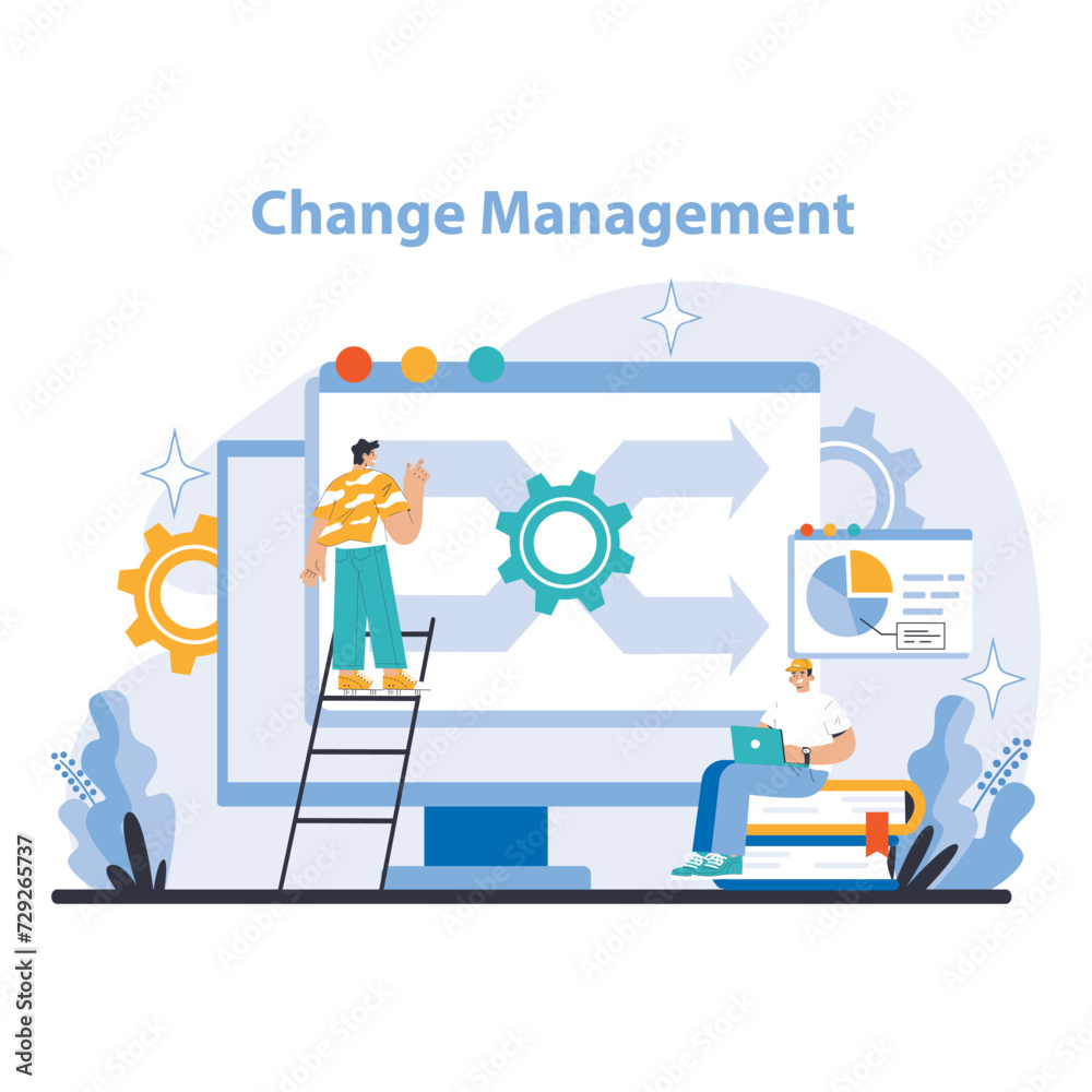Poster change management concept. dynamic illustration of organizational transformation with focus on strat