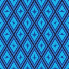 Mid Century starbursts blue and turquoise on retro harlequin diamond shapes seamless pattern. For fabric, wallpaper and textile