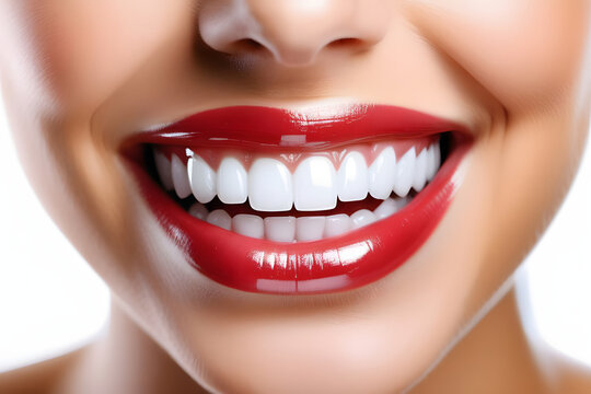 Red lips smile with perfect white teeth closeup