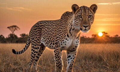 Obraz premium Savannah Sovereignty: Stealth and Majesty of an African Leopard Hunt