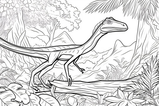 Dimorphodon Dinosaur Black White Linear Doodles Line Art Coloring Page, Kids Coloring Book