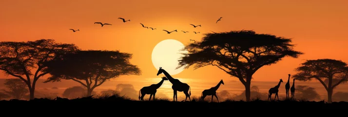Keuken spatwand met foto Silhouette of african safari, tree, giraffe, zebra, bird. © tong2530