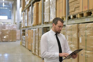 portrait friendly businessman/ manager in suit working in the warehouse of a company - control of...