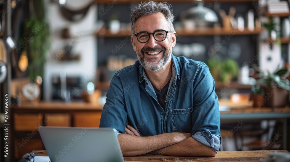 Poster Realistic photo concept of a man in an office, sitting at a desk and smiling pleasantly while working on a laptop Generative AI