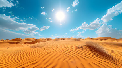 A vibrant desert, with golden sands as the background, during a blazing midday sun