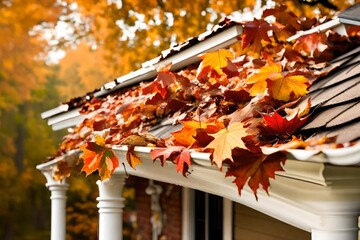 A fall tradition - cleaning the gutters of leaves. Here, we see them clogging the gutters of a traditional home. Could be used for advertising/clean up articles/etc. Narrow DOF - obrazy, fototapety, plakaty
