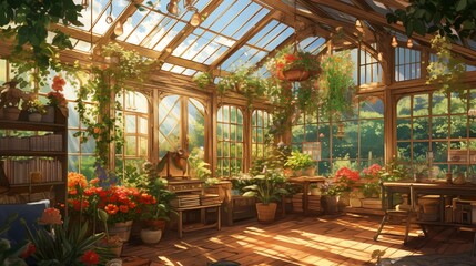A sunny greenhouse full of plants