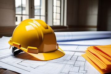 Yellow hard hat on blueprints with orange folders in the background on a wooden table - obrazy, fototapety, plakaty