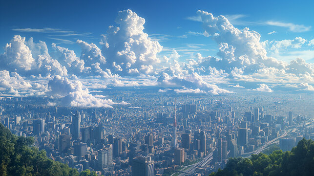 Urban landscape with sky, clouds, city, trees and sunlight.