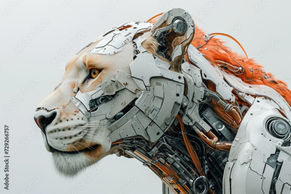 Poster Realistic photo of a lion with cybernetic enhancements, robotic mane, and metallic features against a white backdrop Generative AI
