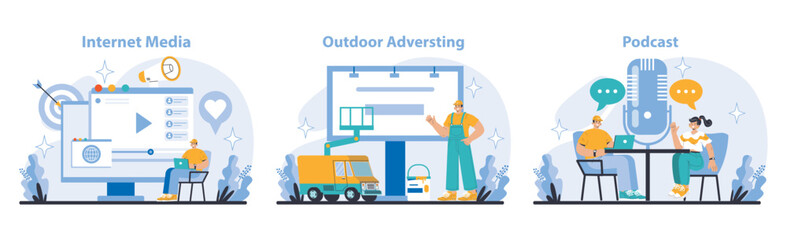 Mass Media set. Coverage of internet media, outdoor advertising, and podcast production. Communication channels in public relations. Flat vector illustration.
