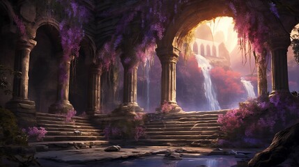 Ancient ruins adorned with wisteria vines