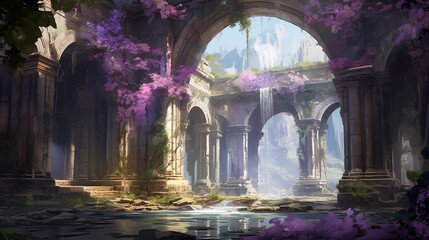 Ancient ruins adorned with wisteria vines