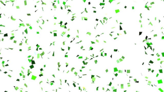 A mesmerizing animation of green confetti falling over a white background.