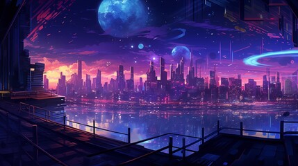 rain-soaked, neon-infused futuristic cityscape