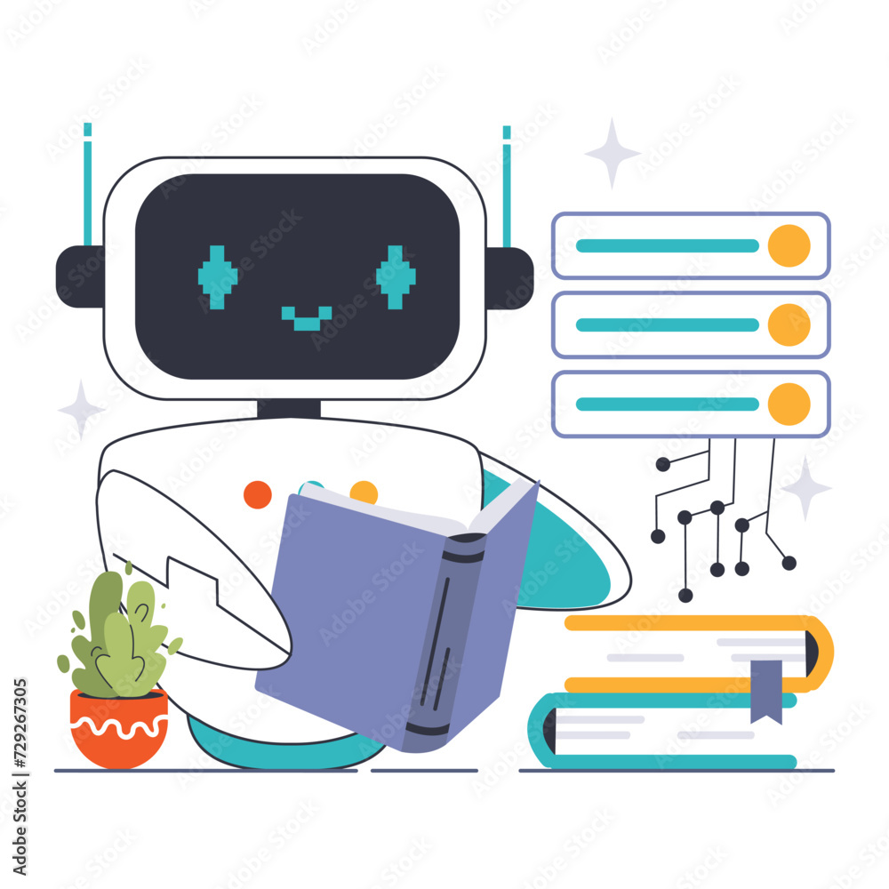 Poster deep learning exploration concept. friendly robot engaged in reading, with server racks and data con