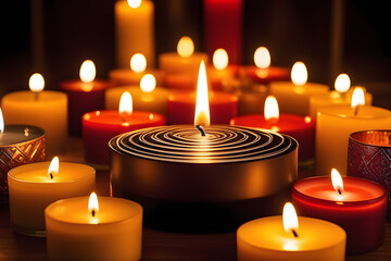 Group of lighted candles of different colors and heights on a dark background. Isolated on black.