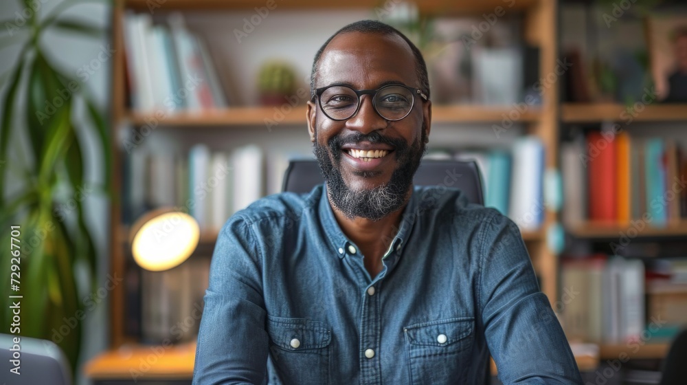Poster realistic portrayal of a man in a home office setup, sitting at a desk, smiling and engaged in a vid