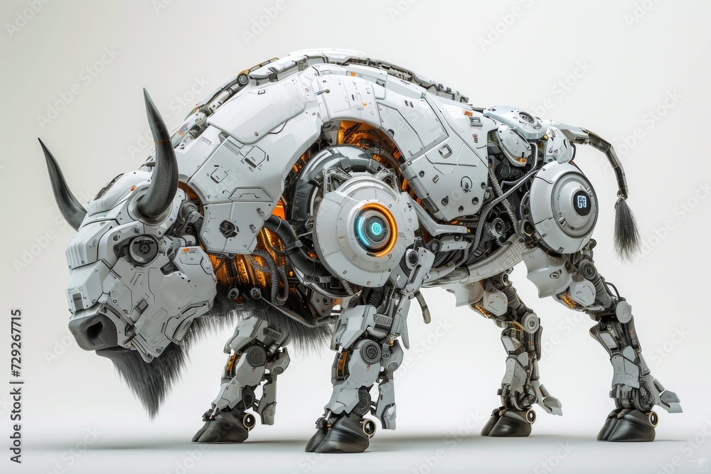 Poster Realistic portrayal of a robotized bison with robotic features and cybernetic modifications, set against a solid white backdrop Generative AI