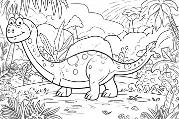 Sauropelta Dinosaur Black White Linear Doodles Line Art Coloring Page, Kids Coloring Book