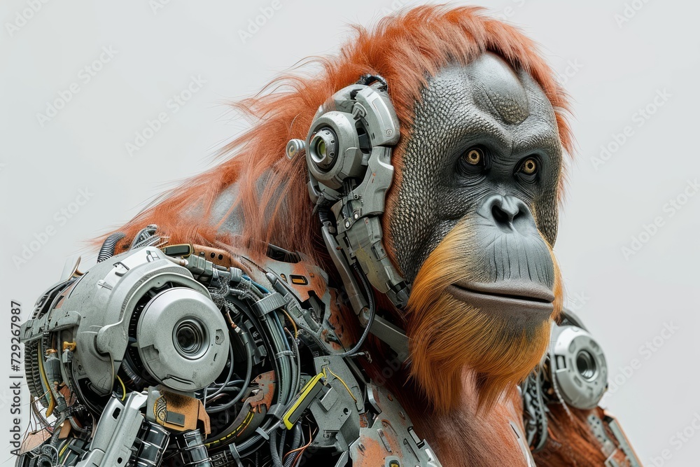 Poster Realistic portrayal of a robotized orangutan with robotic limbs and cybernetic features, set against a solid white backdrop Generative AI