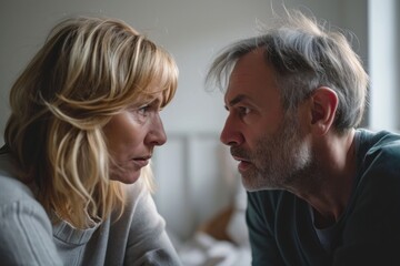 Middle aged couple is having a serious conversation in bedroom. The man is looking at the woman with a stern expression, and the woman is looking back at him with a mixture of sadness and anger - obrazy, fototapety, plakaty