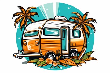 caravan camping car trailer on the beach near the sea with palm trees, illustration