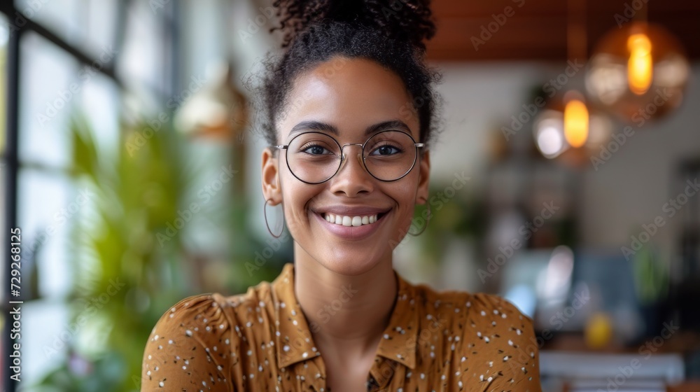 Poster realistic portrayal of a woman in an office setting, smiling cheerfully during a video call or virtu