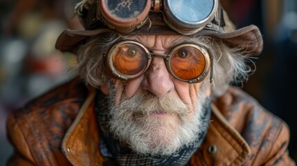 Realistic portrayal of an elderly person in steampunk fashion, radiating cheerfulness and contentment in a post-apocalyptic world Generative AI