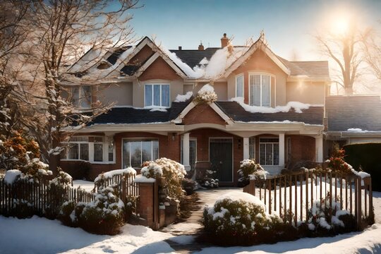 A Family Home In The Suburbs On A Sunny Winter Day.