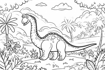 Sauropelta Dinosaur Black White Linear Doodles Line Art Coloring Page, Kids Coloring Book