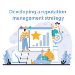 Reputation management. Building relationship with targeted audience. Customer satisfaction, experience, and engagement with a brand. Public relations strategy. Flat vector illustration